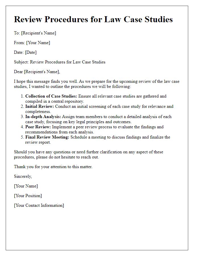 Letter template of review procedures for law case studies.