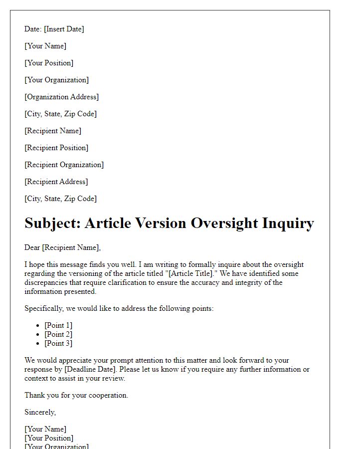 Letter template of Article Version Oversight Inquiry