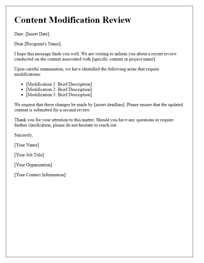 Letter template of Content Modification Review