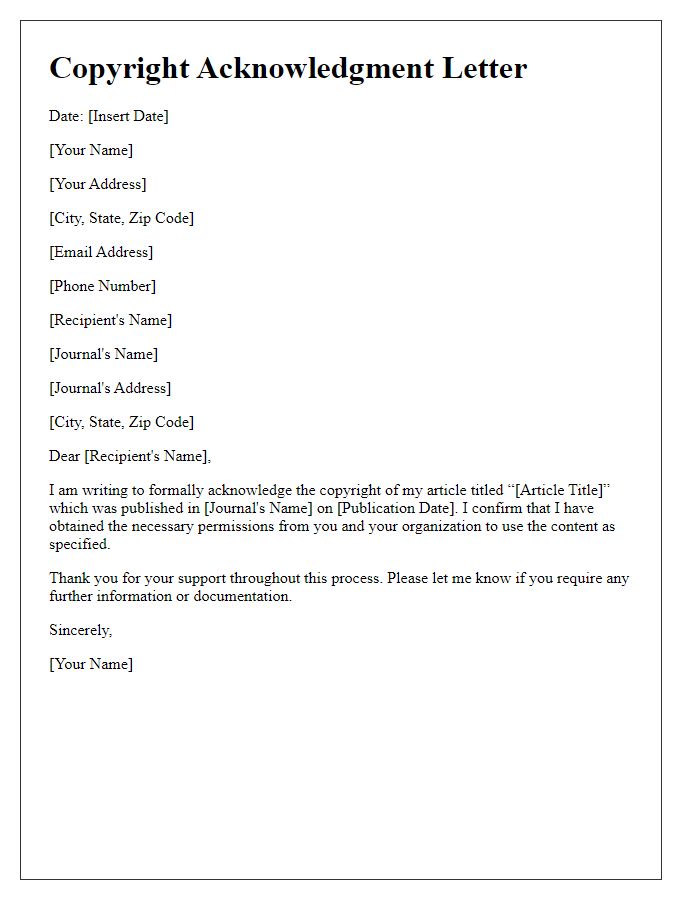 Letter template of copyright acknowledgment for journal articles