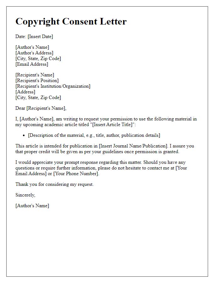 Letter template of copyright consent for academic article