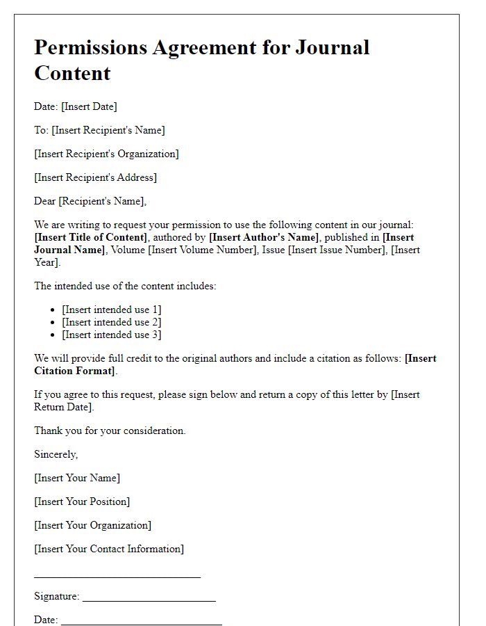 Letter template of permissions agreement for journal content