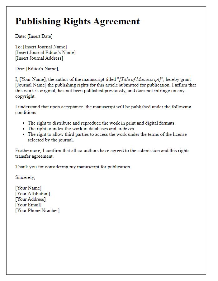 Letter template of publishing rights agreement for journal submission