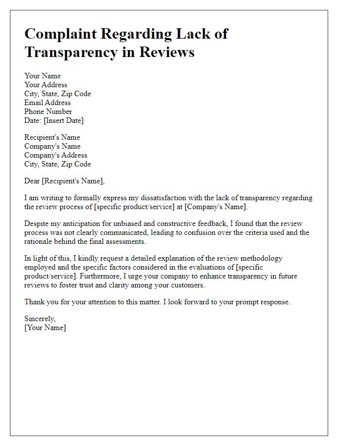 Letter template of complaint regarding review lack of transparency