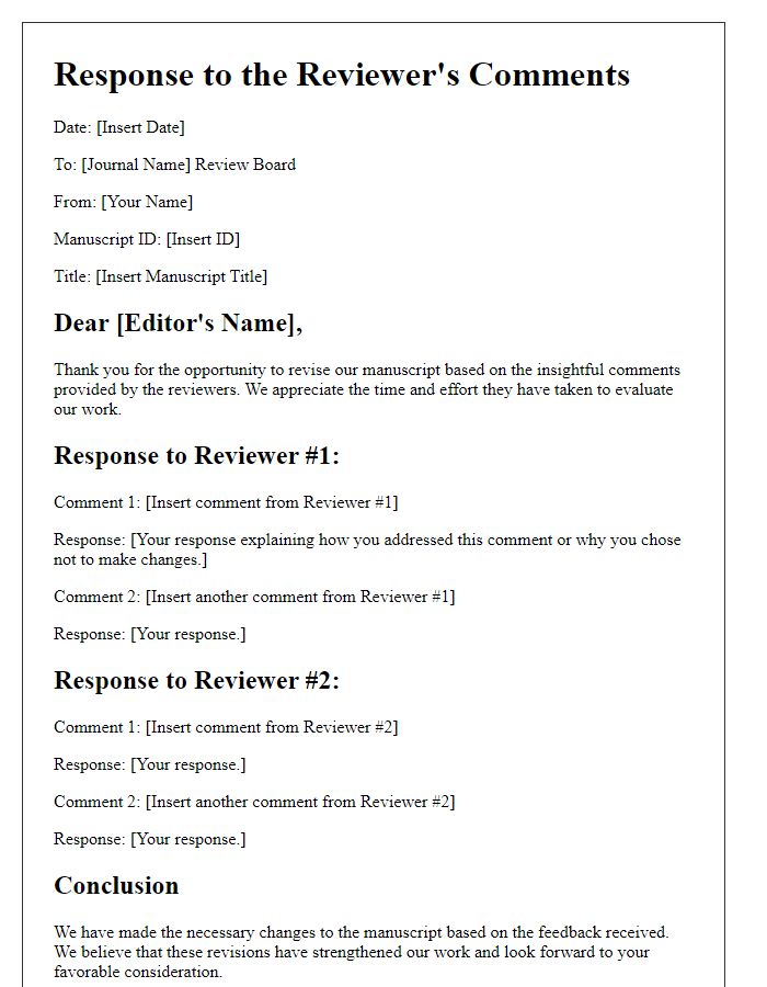 Letter template of response to journal review board's comments