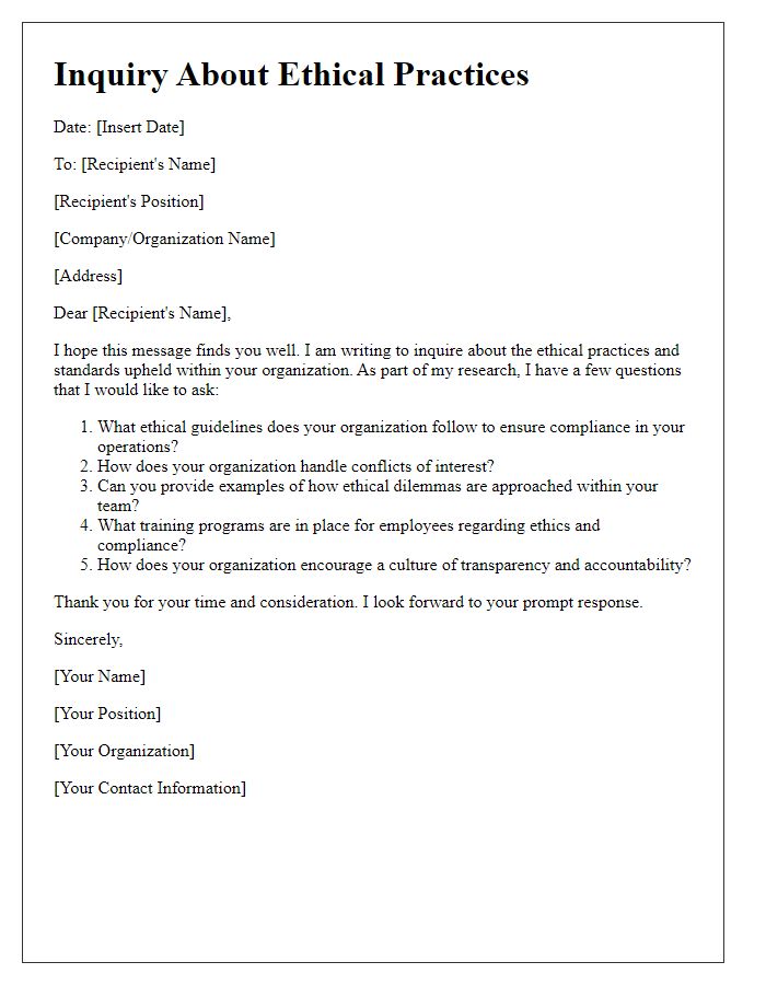 Letter template of questions about ethical practices