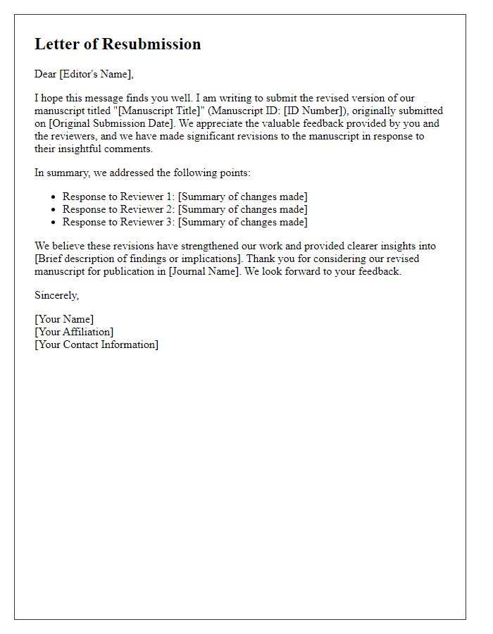 Letter template of journal resubmission reassurance and insights