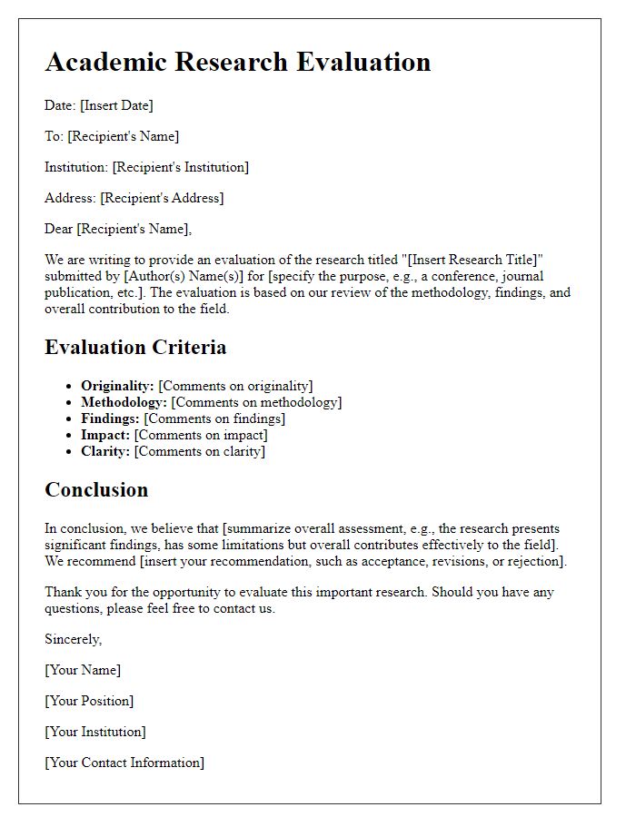 Letter template of academic research evaluation