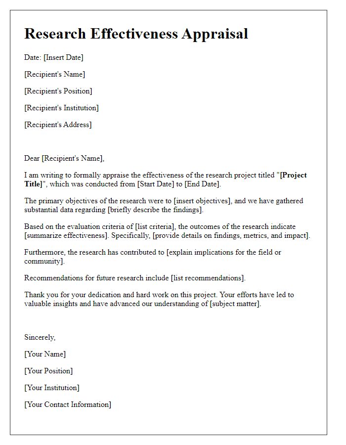 Letter template of research effectiveness appraisal