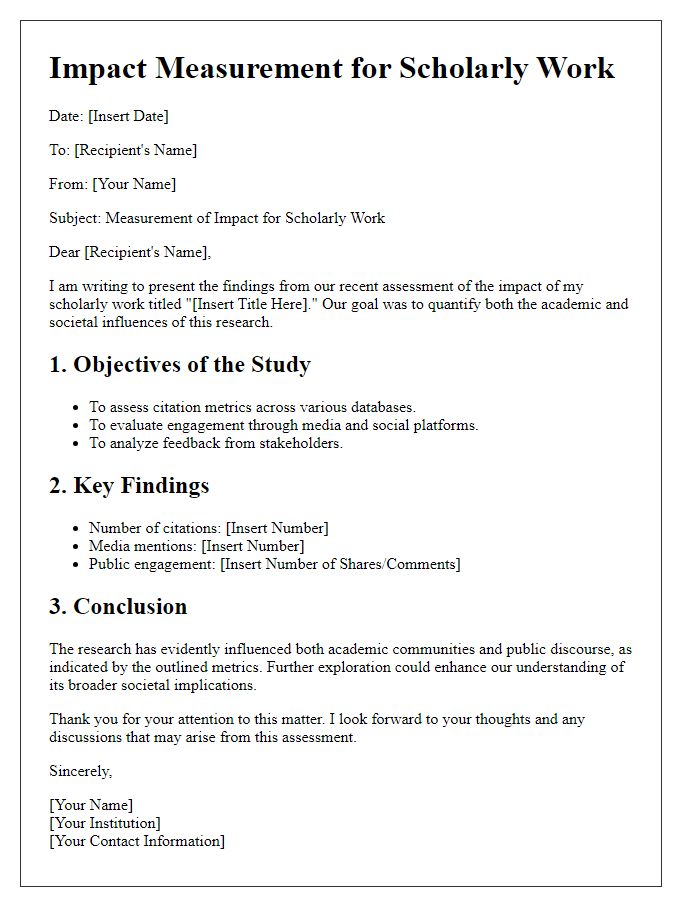 Letter template of scholarly work impact measurement