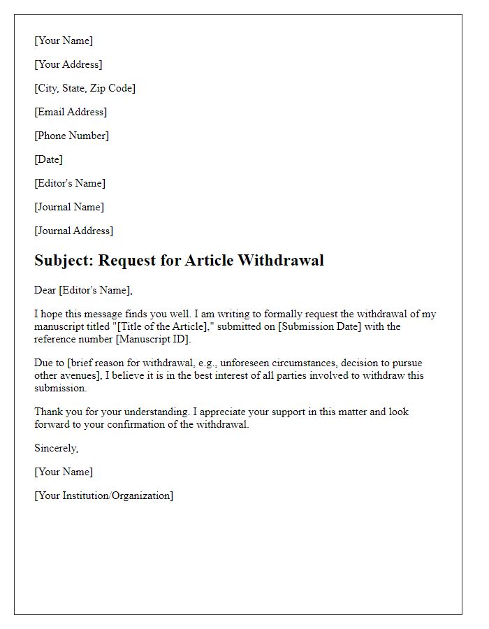 Letter template of article withdrawal request for academic journal submission.