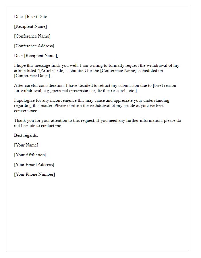 Letter template of article withdrawal request for conference proceedings.