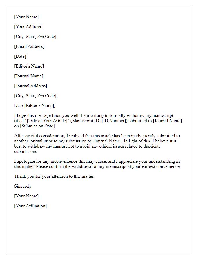 Letter template of article withdrawal request due to duplicate submission.