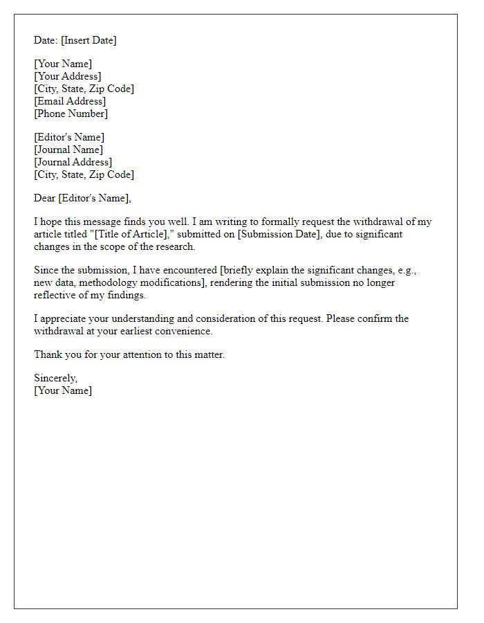 Letter template of article withdrawal request due to significant changes.