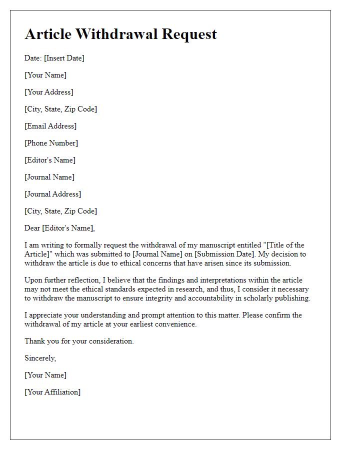 Letter template of article withdrawal request for ethical concerns.