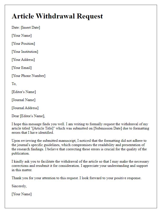 Letter template of article withdrawal request for formatting errors.