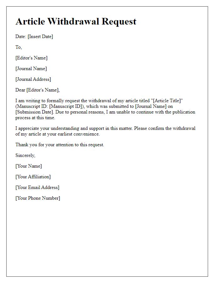 Letter template of article withdrawal request for personal reasons.