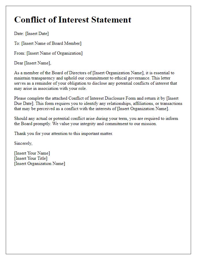 Letter template of Conflict of Interest Statement for Board Members