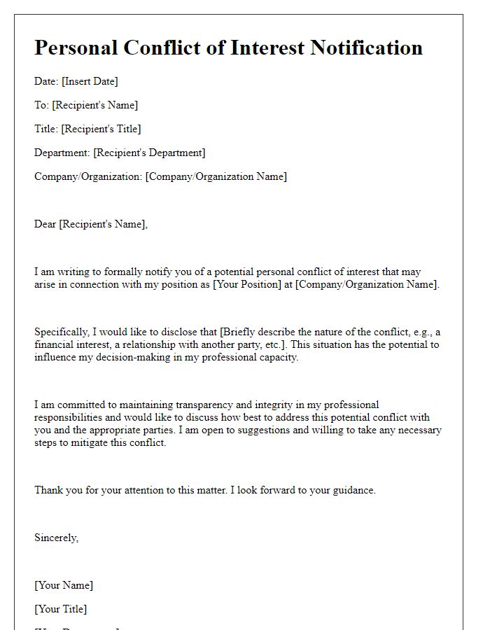 Letter template of Personal Conflict of Interest Notification