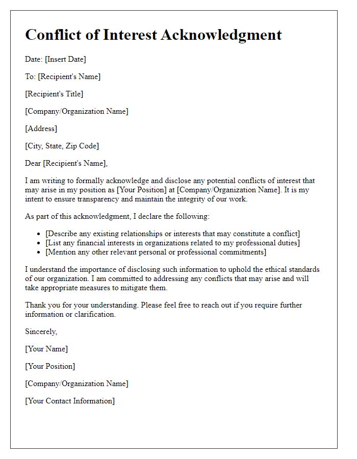 Letter template of Professional Conflict of Interest Acknowledgment