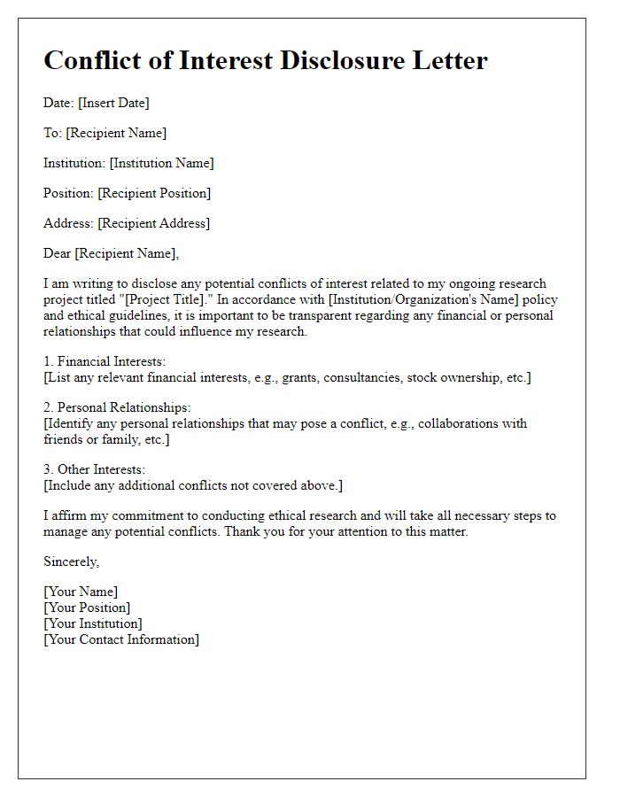 Letter template of Research Conflict of Interest Disclosure