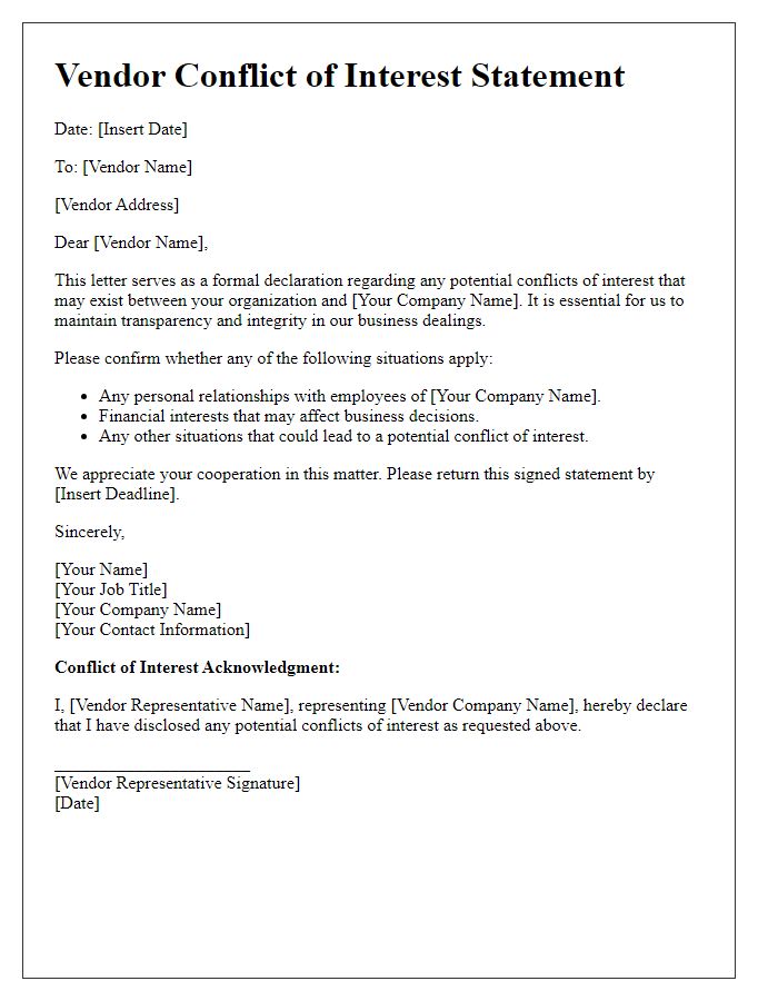 Letter template of Vendor Conflict of Interest Statement