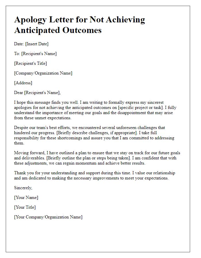 Letter template of apology for not achieving anticipated outcomes.