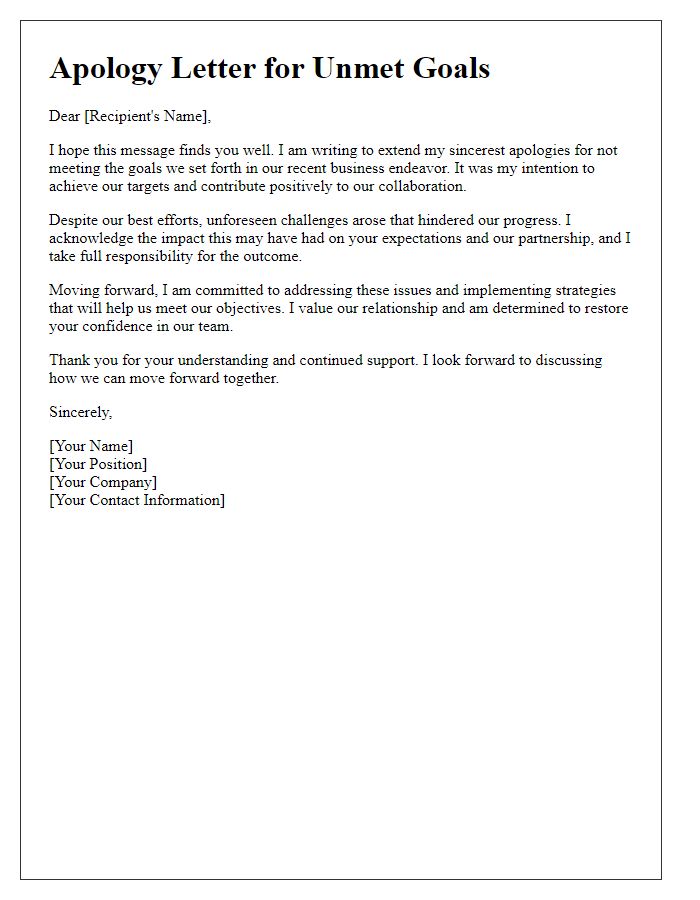 Letter template of gracious apology for unmet goals in a business endeavor.