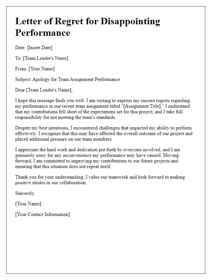 Letter template of regret for disappointing performance in a team assignment.