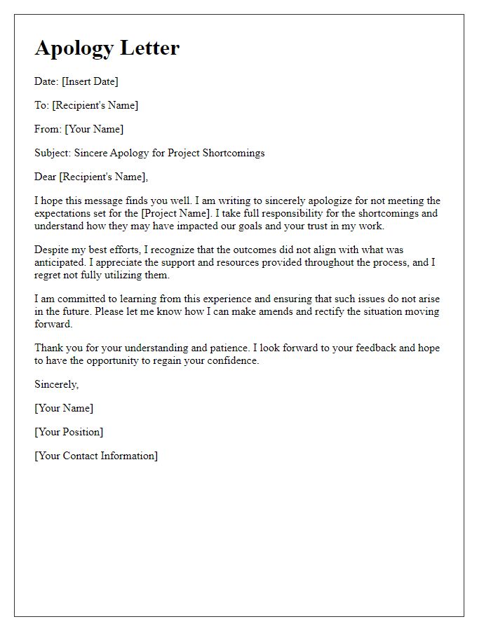 Letter template of sincere apology for not meeting expectations in a project.