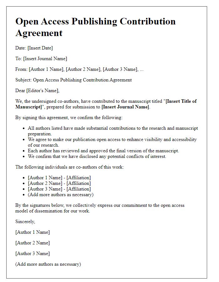 Letter template of open access publishing contribution agreement for co-authors.