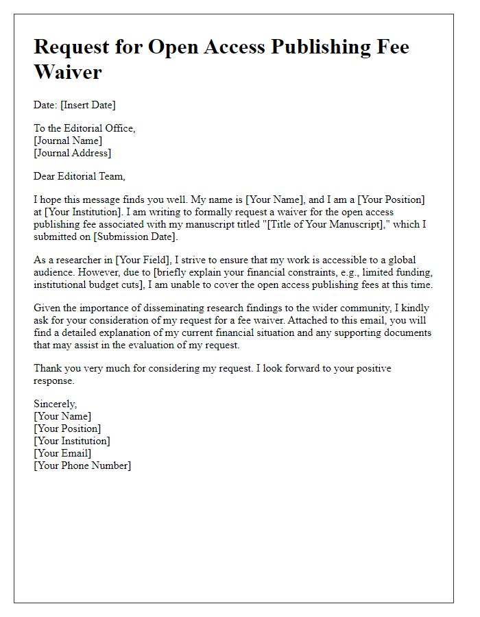 Letter template of open access publishing fee waiver request for researchers.
