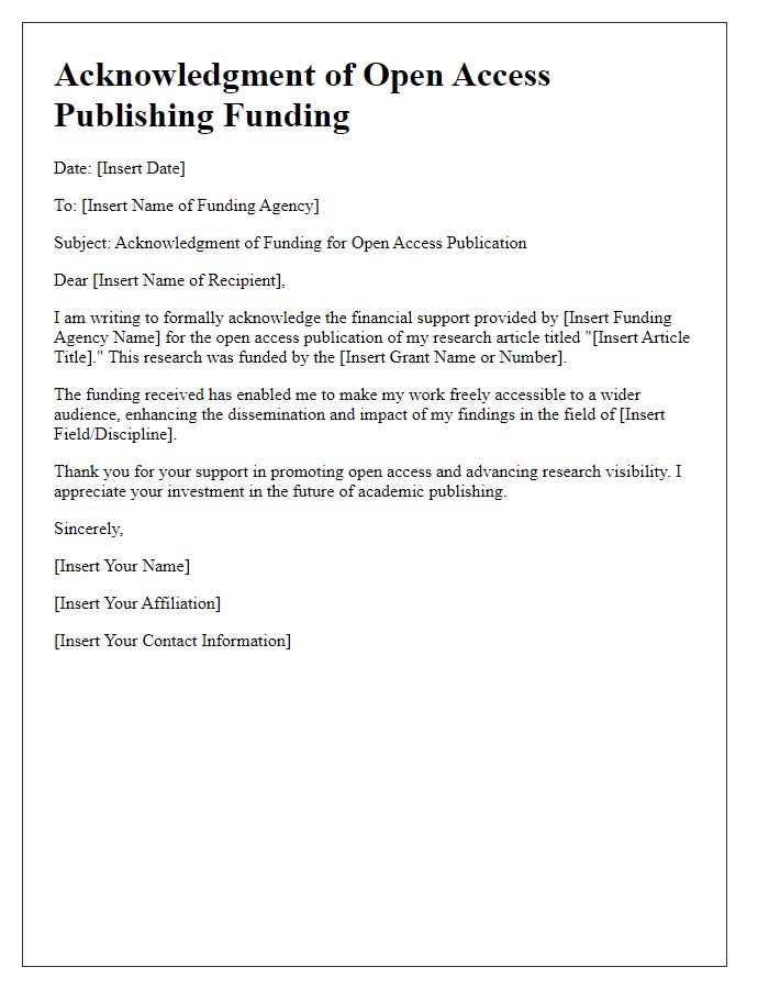 Letter template of open access publishing funding acknowledgment for grants.