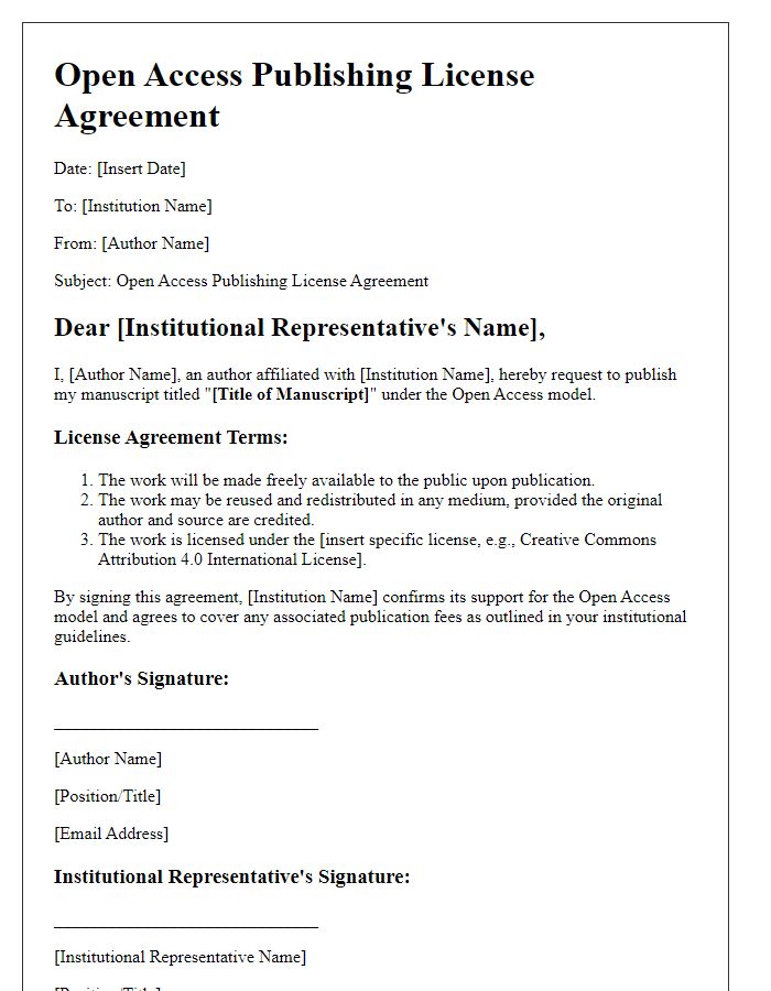 Letter template of open access publishing license agreement for institutions.