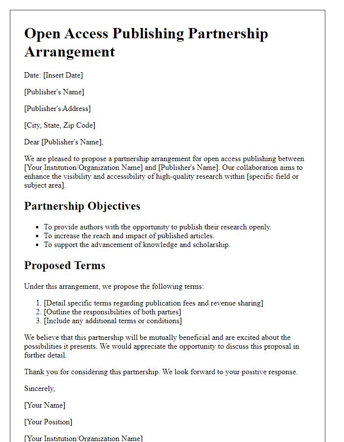 Letter template of open access publishing partnership arrangement for journals.