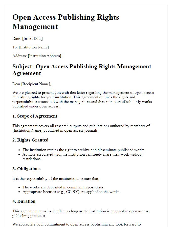 Letter template of open access publishing rights management for institutions.