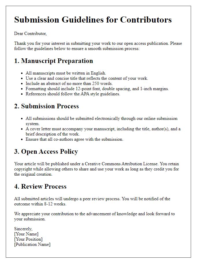 Letter template of open access publishing submission guidelines for contributors.