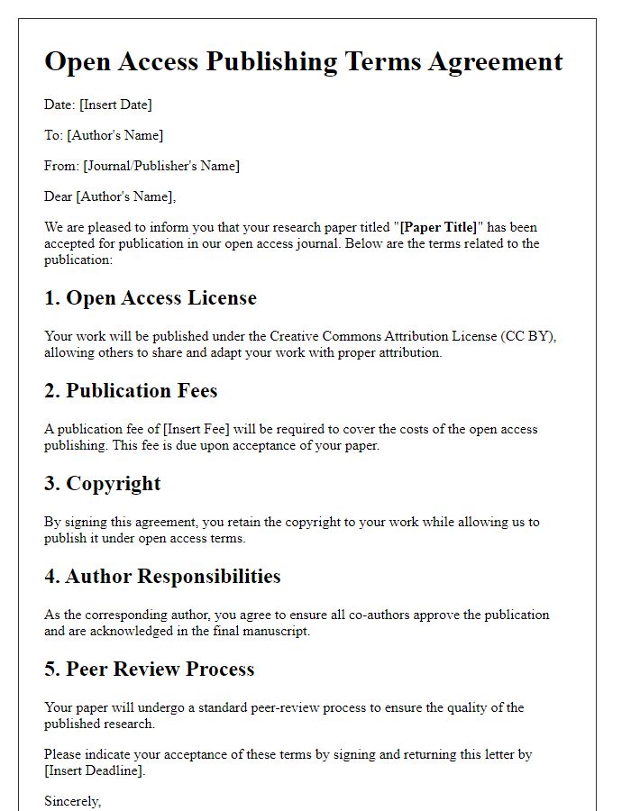 Letter template of open access publishing terms for research papers.