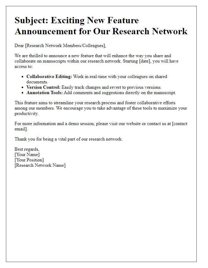 Letter template of manuscript feature announcement for research network.