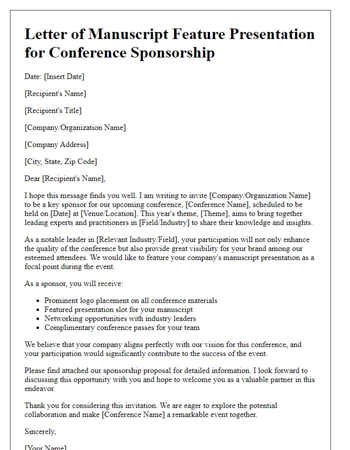 Letter template of manuscript feature presentation for conference sponsorship.