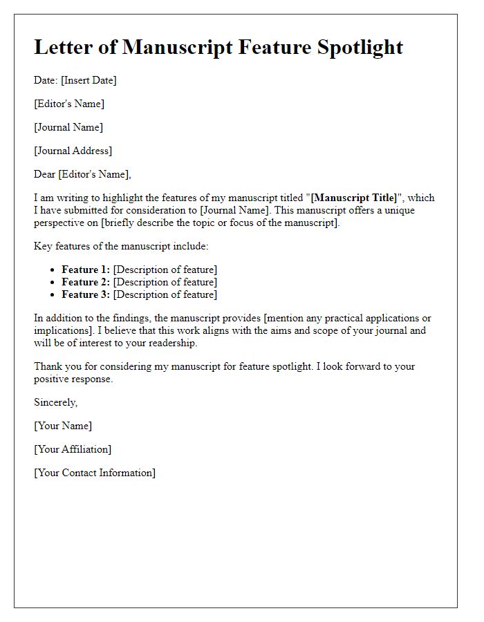 Letter template of manuscript feature spotlight for journal submission.