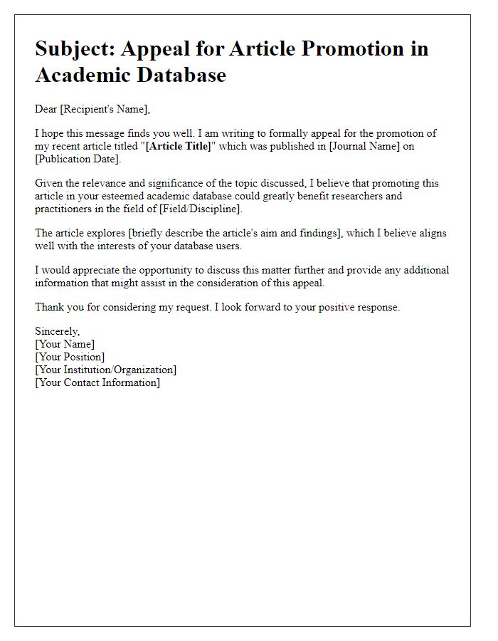 Letter template of appeal for article promotion in academic database