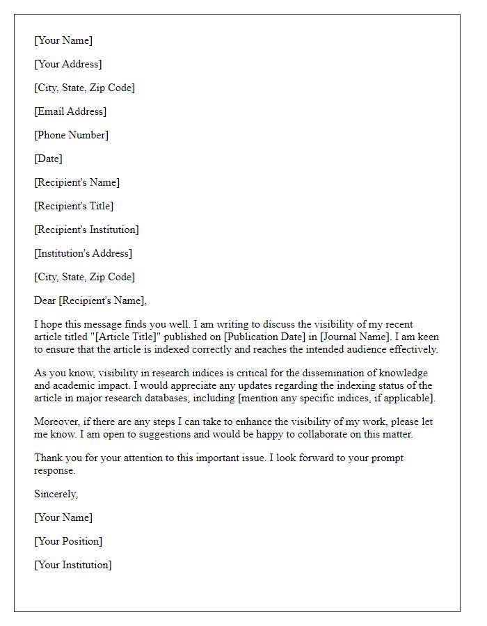 Letter template of communication regarding article visibility in research index