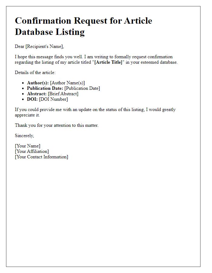 Letter template of confirmation request for article database listing