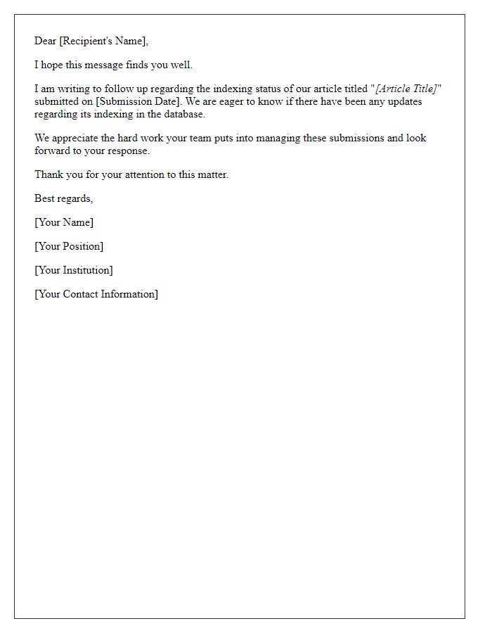 Letter template of follow-up on article indexing status in database