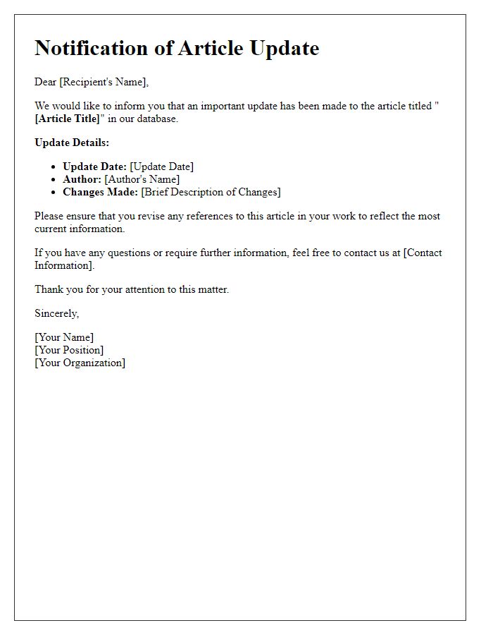 Letter template of notification about article update for database indexing