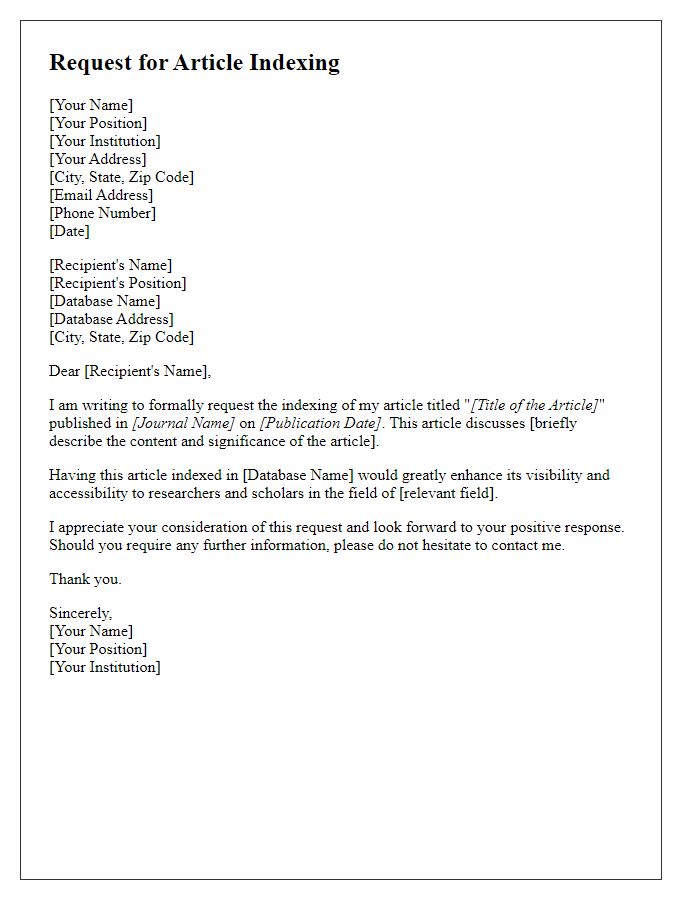 Letter template of request for article indexing in academic database