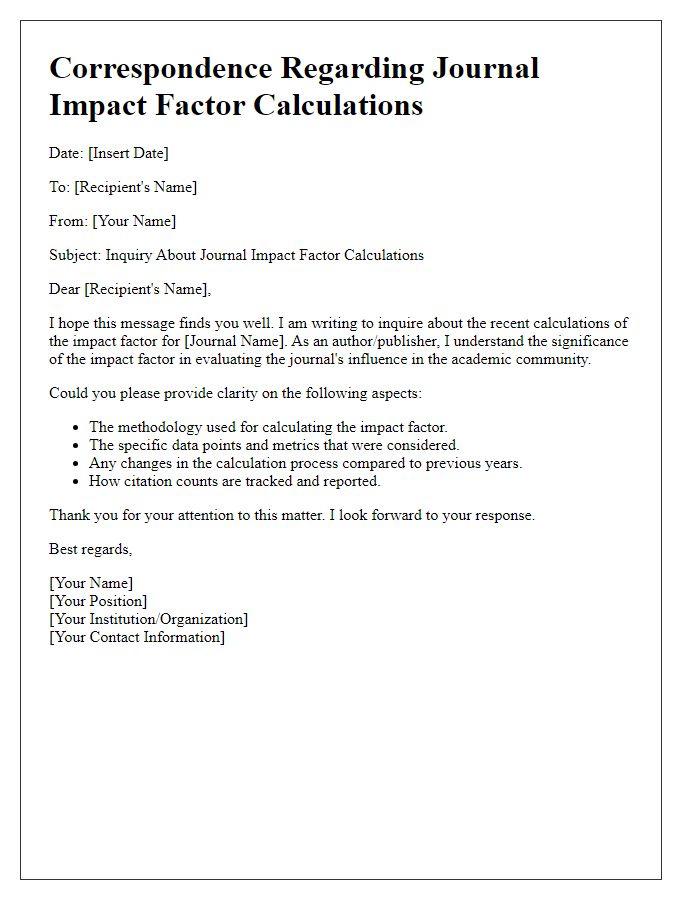 Letter template of correspondence about journal impact factor calculations.