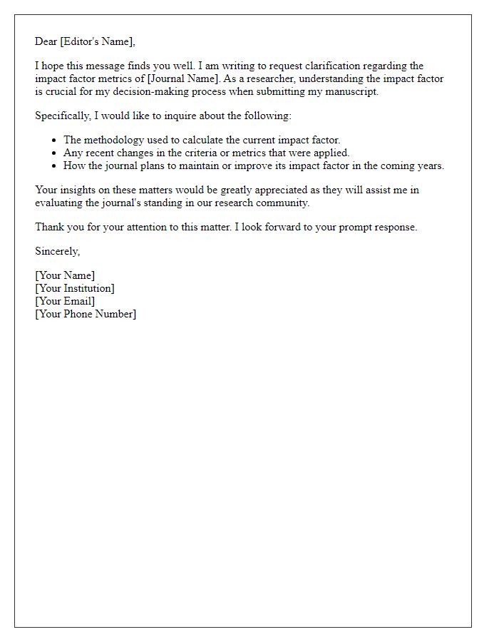 Letter template of request for clarification on journal impact factor metrics.