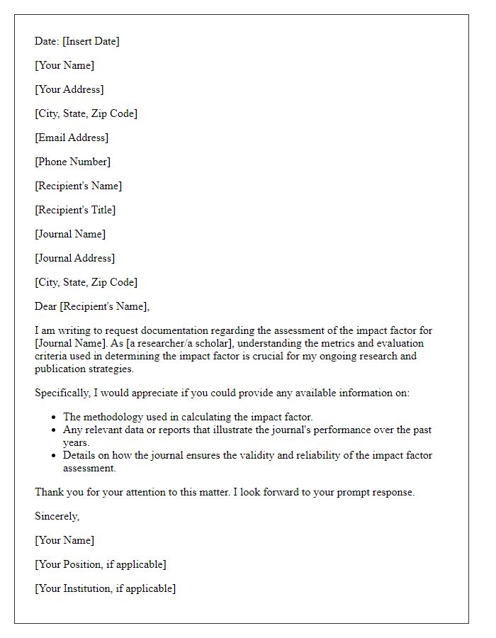 Letter template of request for documentation on journal impact factor assessment.